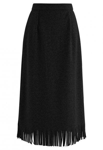High Waist Fringe Hem Pencil Skirt in Black