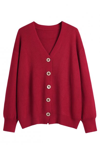 Button Front V-Neck Knit Cardigan in Red