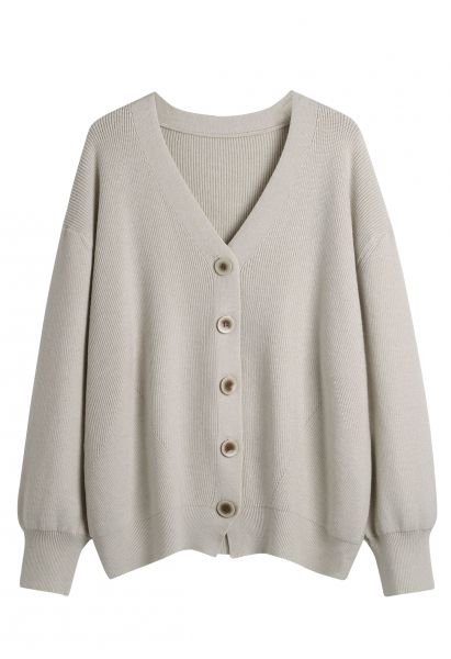 Button Front V-Neck Knit Cardigan in Sand