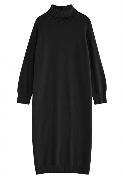 Long Sleeve Turtleneck Cozy Knit Sweater Dress in Black