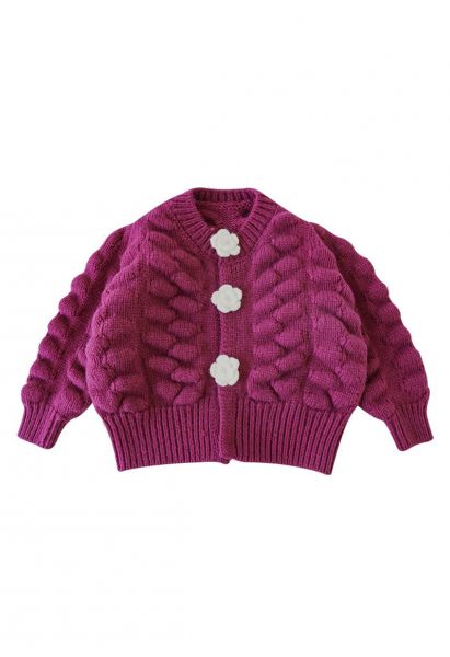 Kids Flowers Button Down Embossed Bubble Sleeves Cardigan in Magenta