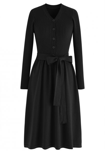 V-Neck Bowknot Waist Buttoned Knit Dress in Black
