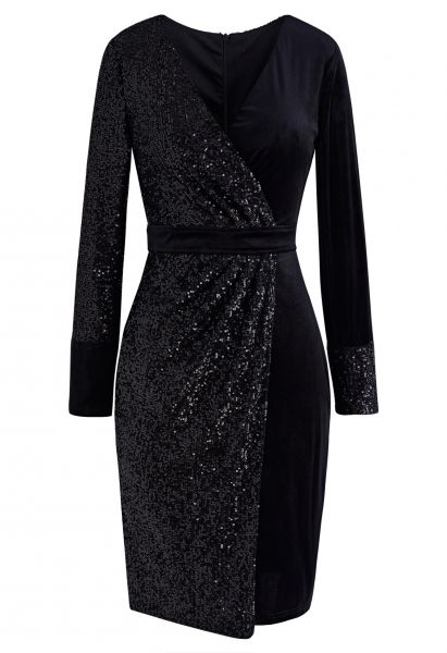 Dazzling Sequins Velvet Cocktail Dress in Black