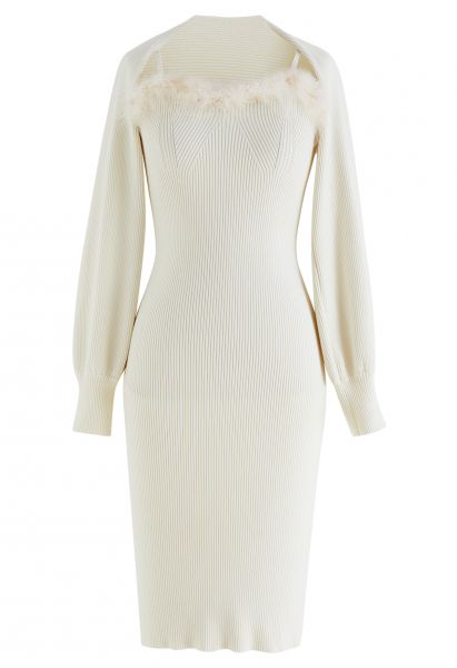 Feathered Ribbed Knit Twinset Dress in Cream