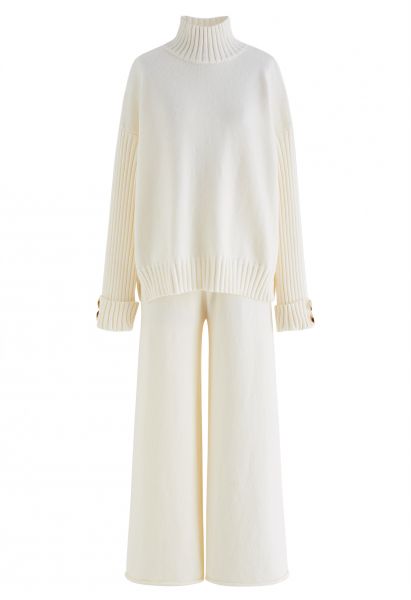 High Neck Buttoned Cuff Sweater and Knit Pants Set in Cream