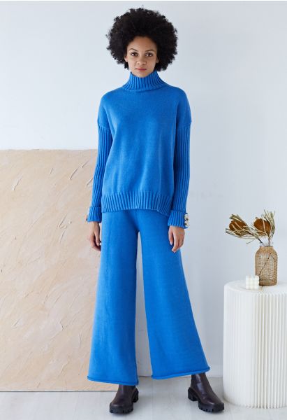 High Neck Buttoned Cuff Sweater and Knit Pants Set in Blue