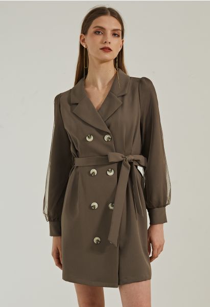 Mesh Overlay Sleeve Double Breasted Blazer Dress in Brown