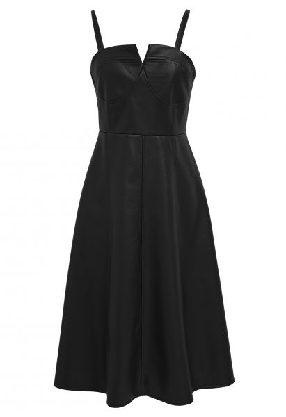 PU Leather Seam Detailing Cami Dress in Black