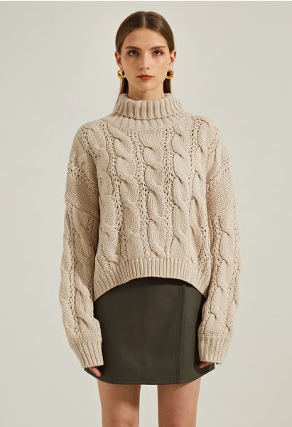 Turtleneck Braid Knit Crop Sweater in Camel