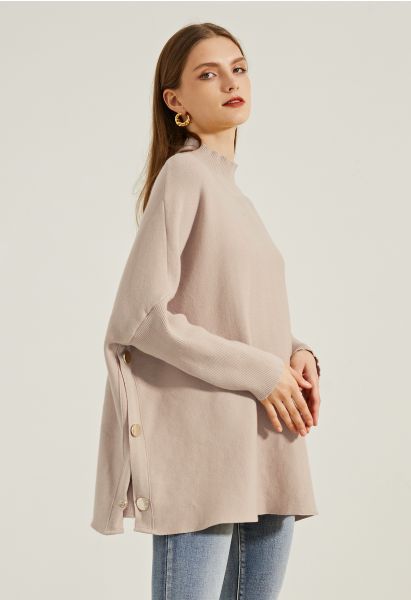 Side Buttoned Flap High Neck Knit Poncho in Camel