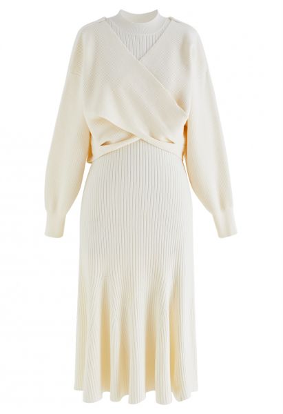 Crisscross Ribbed Sweater and Sleeveless Dress Knit Set in Cream