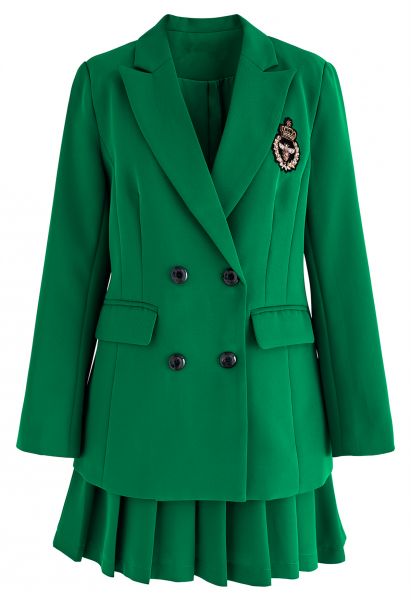 Bee Badge Solid Color Blazer and Skirt Set in Green