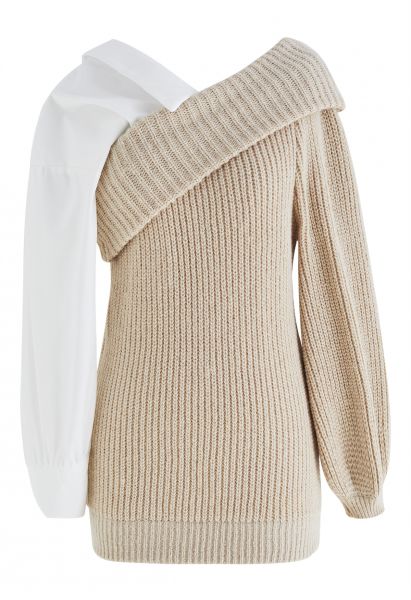 Splicing Folded Shoulder Rib Knit Sweater in Camel