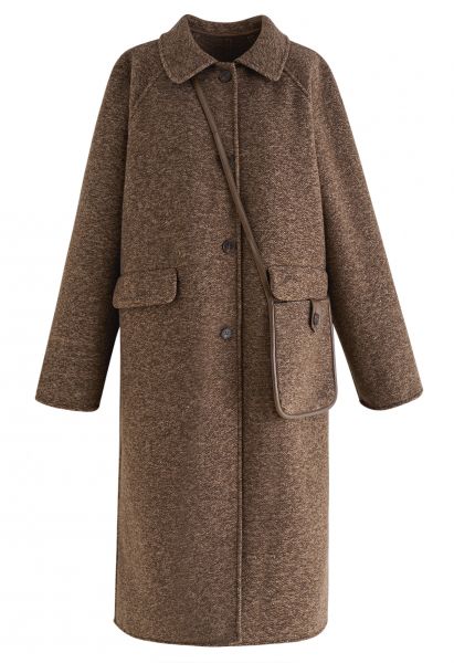 Longline Coat with Crossbody Bag in Brown
