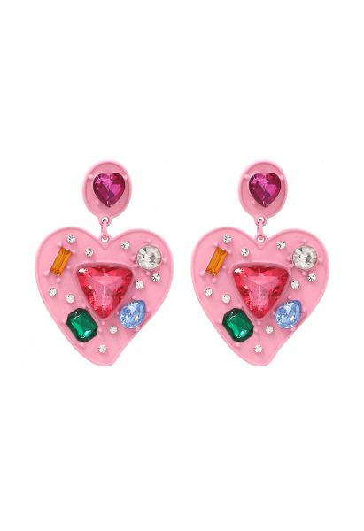 Heart Shape Multi Color Crystal Earrings in Pink