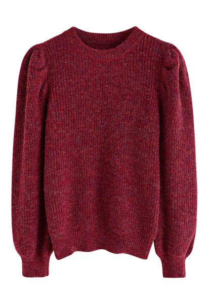 Mix-Knit Puff Sleeve Ribbed Sweater in Red