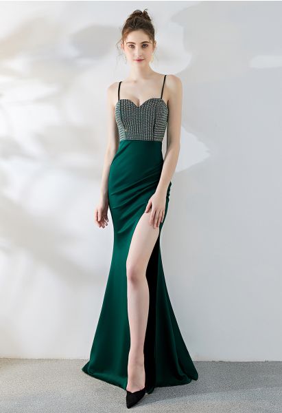 Crystal Embellished High Slit Satin Gown in Emerald