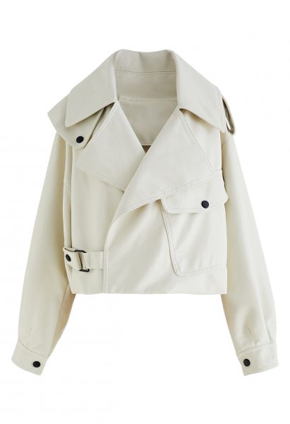 Stud Button Faux Leather Moto Jacket in Ivory