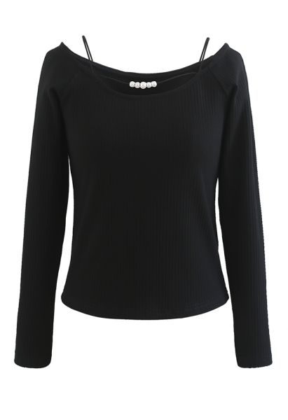 Bead Trim Cold-Shoulder Crop Knit Top in Black