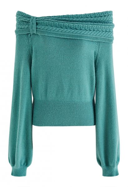 Braided Flap Off-Shoulder Knit Top in Turquoise