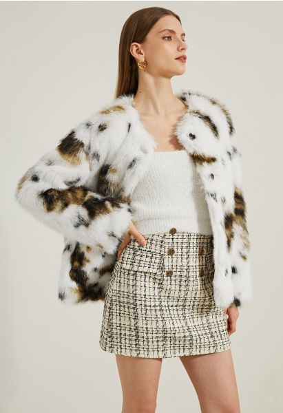 Collarless Spots Print Faux Fur Coat