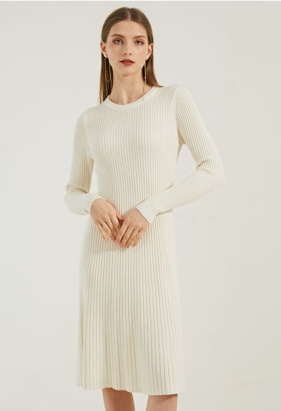 Ribbed Texture Frilling Midi Dress in Cream