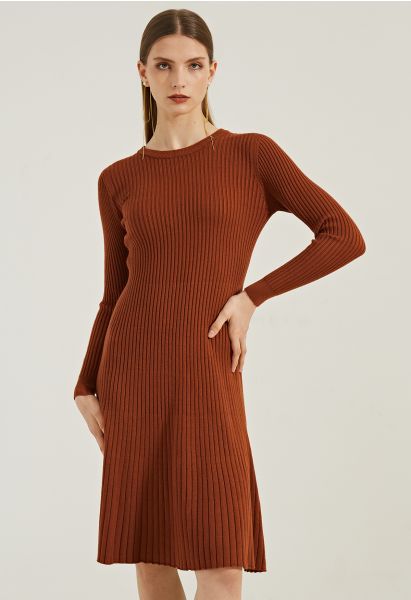 Ribbed Texture Frilling Midi Dress in Caramel