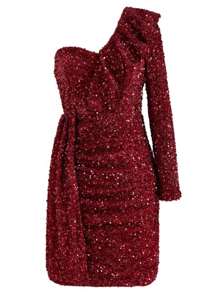 Ruffle One-Shoulder Colorful Sequin Cocktail Dress in Burgundy