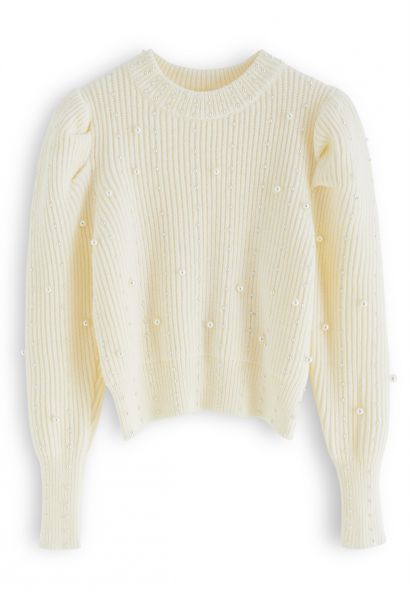 Pearl Embellished Puff Sleeve Knit Sweater in Cream