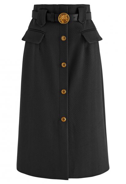 Vintage Button Flap Pocket Midi Skirt in Black