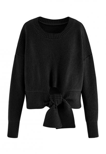 Self-Tie Knot Round Neck Knit Sweater in Black