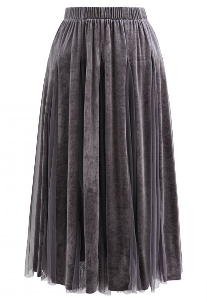 Mesh Velvet Panelled Midi Skirt in Grey