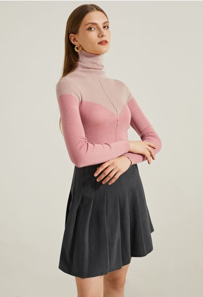 High Waist Wool-Blend Pleated Skater Skirt in Smoke