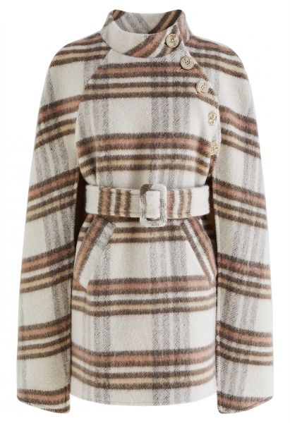 Plaid Side Buttons Belted Wool-Blend Cape Coat