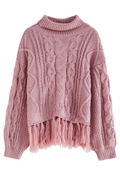 Turtleneck Tassel Trim Cable Knit Sweater in Pink