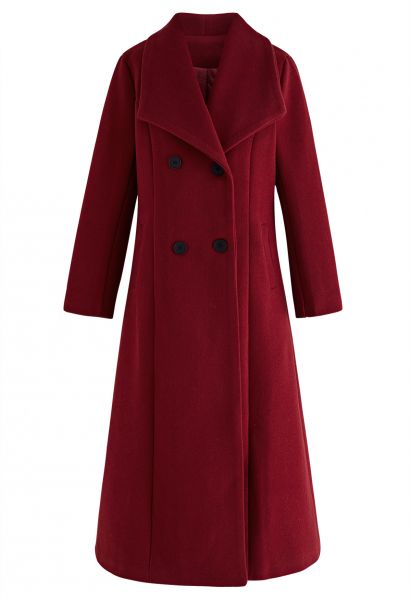 Wide Lapel Double-Breasted Flare Longline Coat in Red
