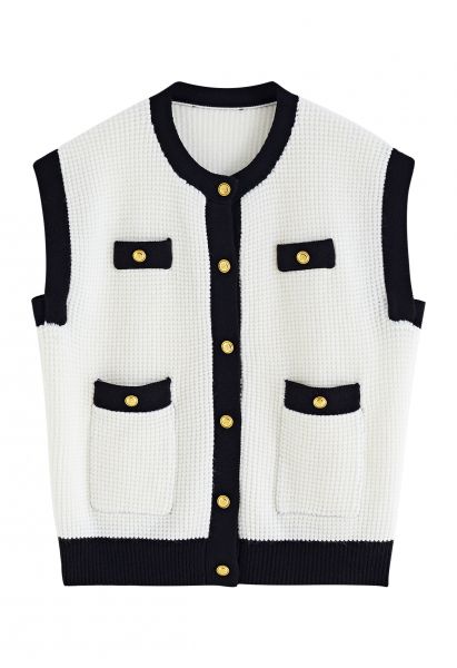 Contrast Edge Button Embellished Knit Vest in White