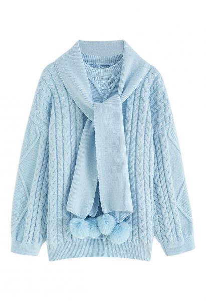 Cable Knit Sweater with Pom-Pom Scarf in Baby Blue