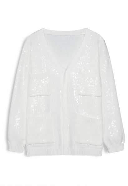 Sequins Cover Patch Pocket Knit Cardigan