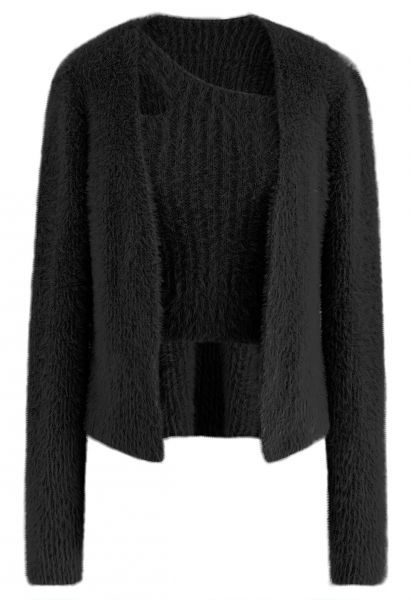 One-Shoulder Fuzzy Knit Top and Cardigan Set in Black