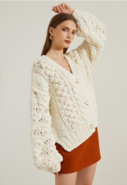 Button Up Pointelle Sleeve Pom-Pom Knit Cardigan in Ivory