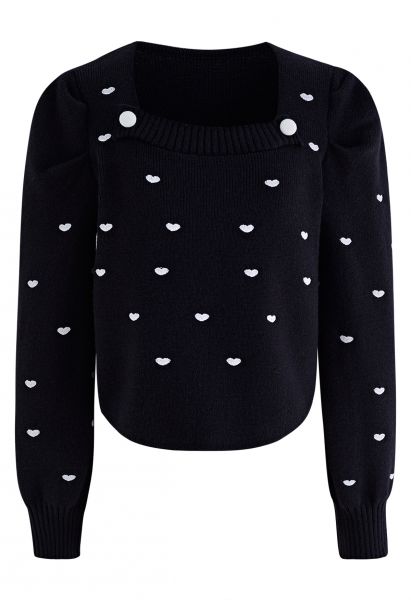 Full of Little Heart Square Neck Knit Sweater in Black