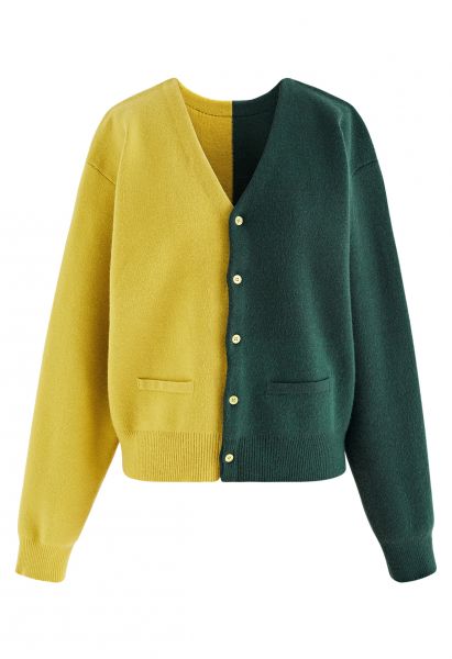 Bicolor V-Neck Button-Up Cardigan in Green