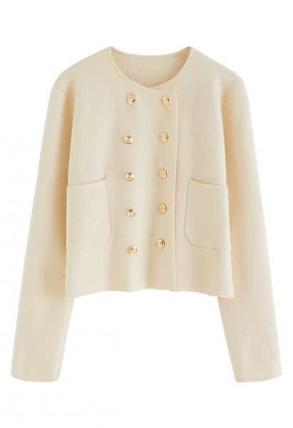 Front Pocket Double-Breasted Crop Cardigan in Cream