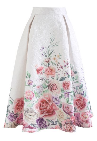 Rose Vines Printed Embossed Midi Skirt