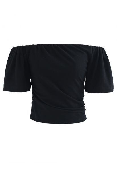 Off-Shoulder Short-Sleeve Cotton Crop Top in Black