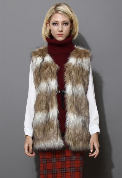 Faux Fur Vest in Striped Camel