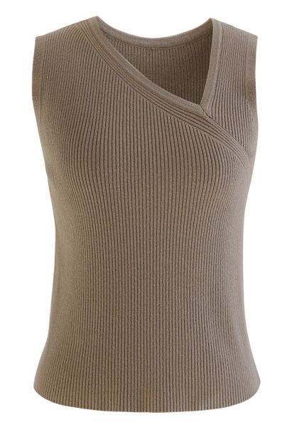 Oblique V-Neck Knit Tank Top in Brown