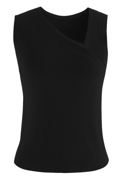 Oblique V-Neck Knit Tank Top in Black