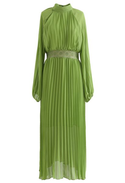 Lacy Waist Full Pleated Maxi Dress in Green